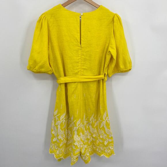 Place Nationale Daloa Linen Wrap-Front Embroidered Romper in Yellow Size 2 NWT - Picture 2 of 10